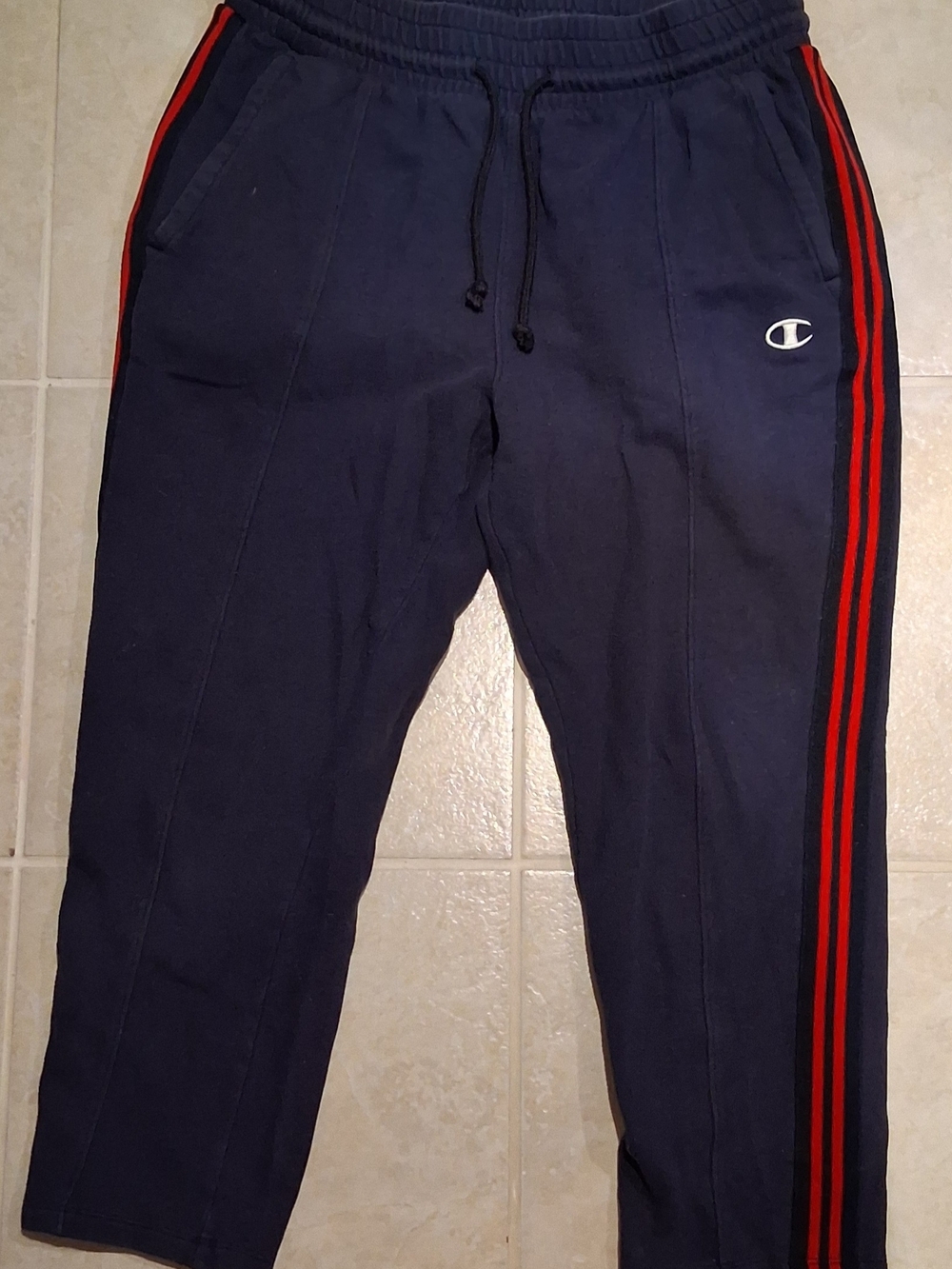 Champion Navy Track Pants with Red Side Stripes